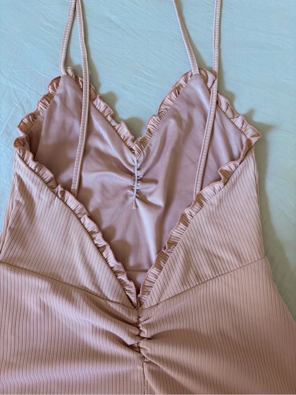 Showpo Blush Pink Ribbed Halter Ruffle Mini Dress - Picture 3 of 5
